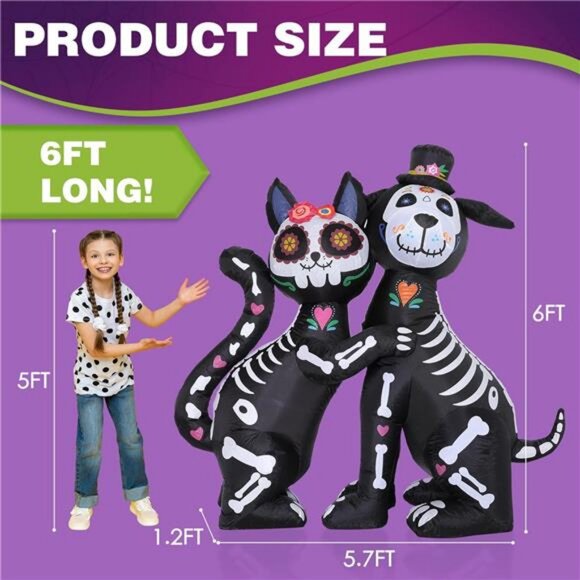6 FT Halloween Inflatables Skeleton Black Cat and Dog Day of The Dead - Picture 2 of 7